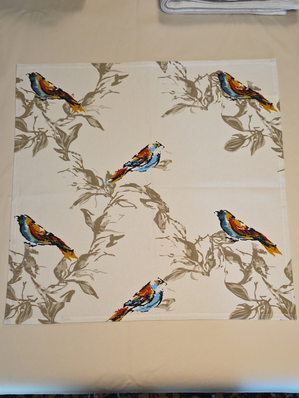 4 Bird Print Decorative Linen Square Napkins - Cream with Multicolor Birds 18x18